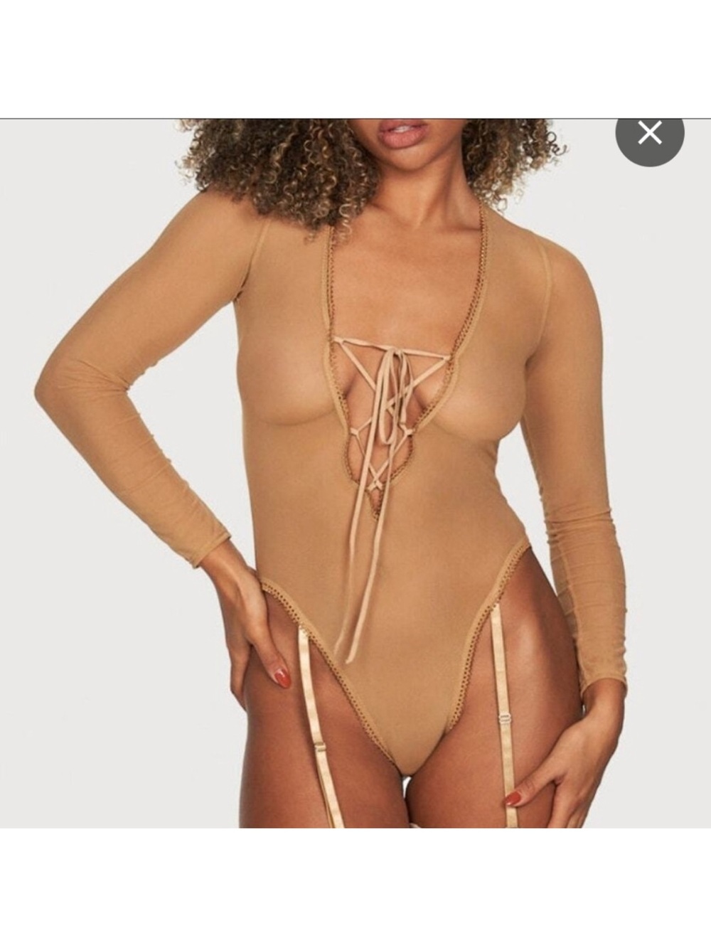 Frederick's of Hollywood Lola Lee Sheer Mesh Long Sleeve Bodysuit beige Med NWT